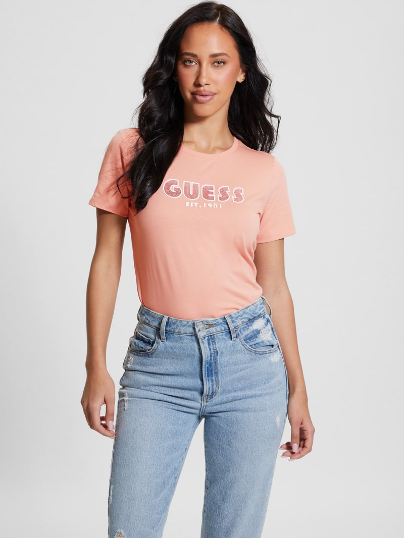 Guess Eco Crewneck Rhinestone Logo Tee - Powder Rose