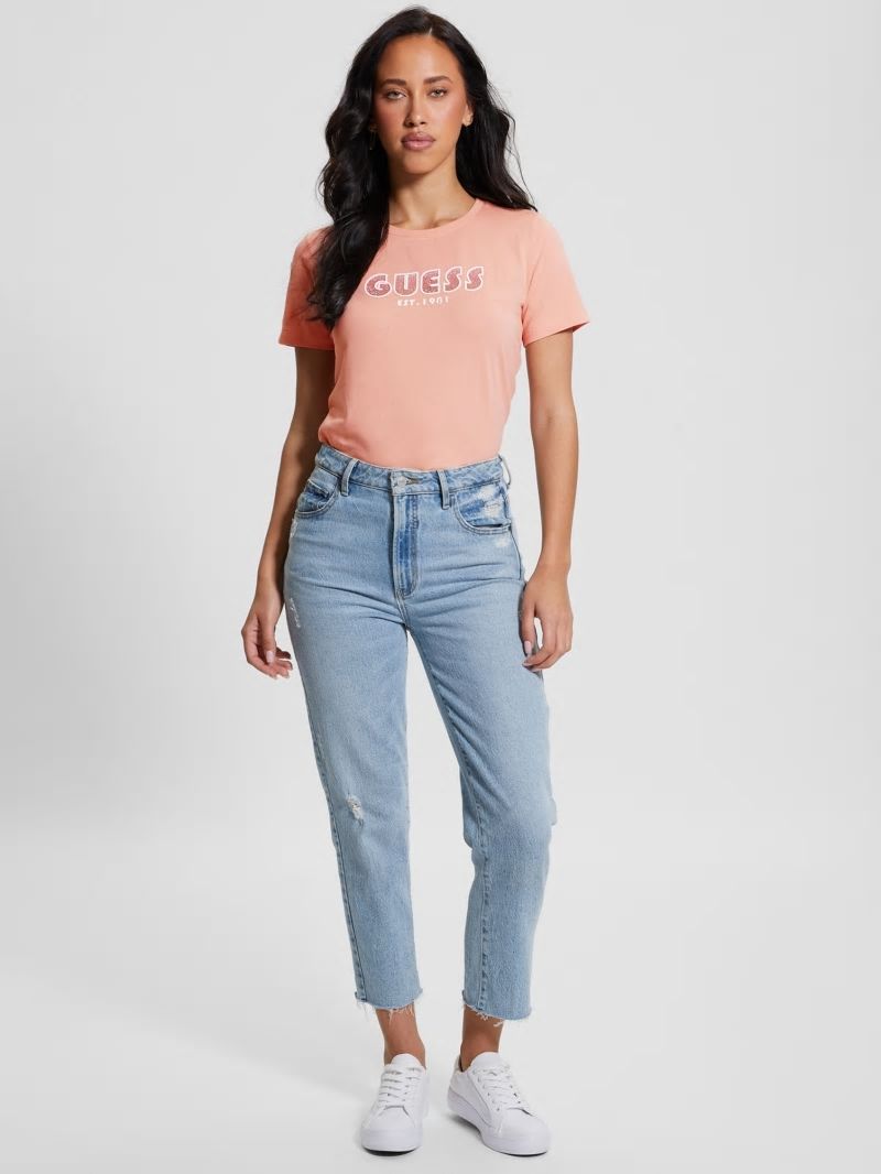 Guess Eco Crewneck Rhinestone Logo Tee - Powder Rose