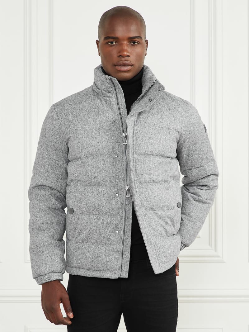 Guess Hooded Puffer Jacket - Grey Herringbone Melange