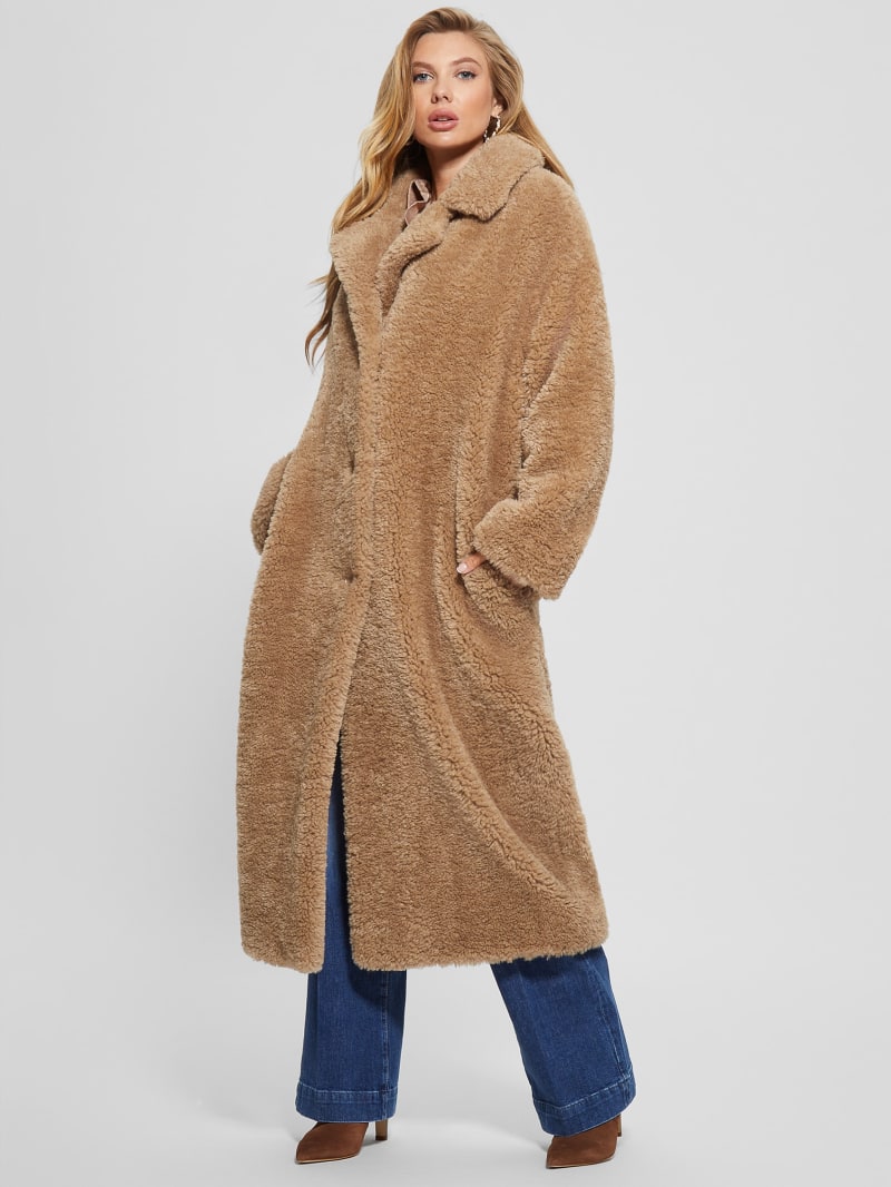 Guess Eco Alina Teddy Longline Coat - Wet Sand