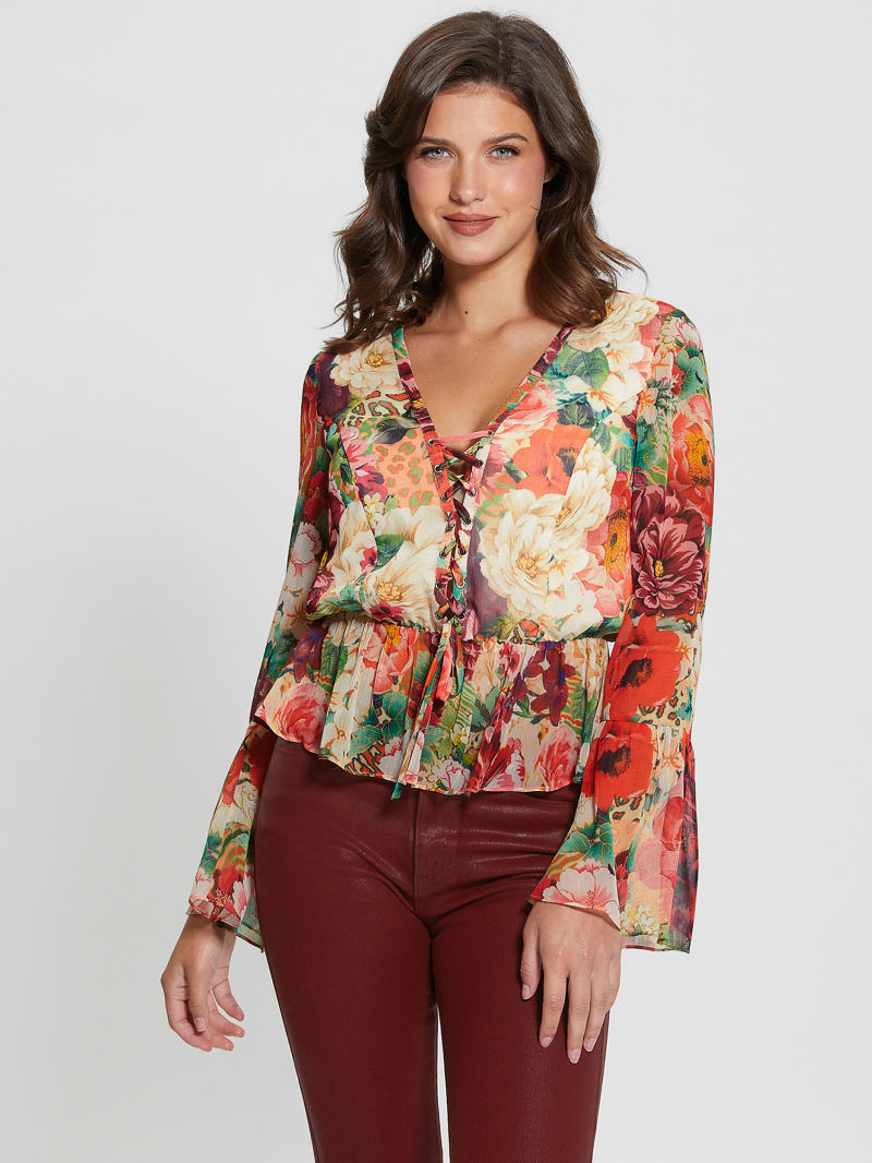 Guess Eco Demi Lace-Up Top - Peony Animal Print