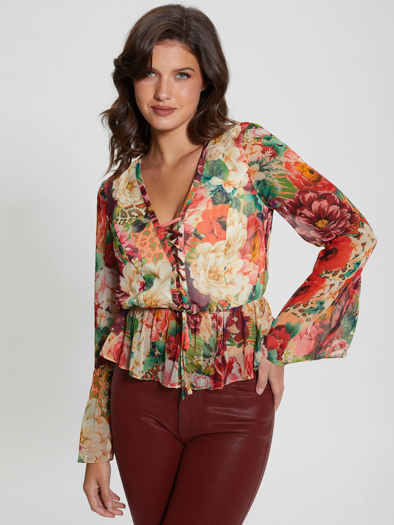 Guess Eco Demi Lace-Up Top - Peony Animal Print