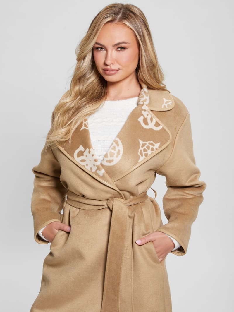 Guess Ludovica Wool-Blend Wrap Coat - Jacquard Logo Beige Combo