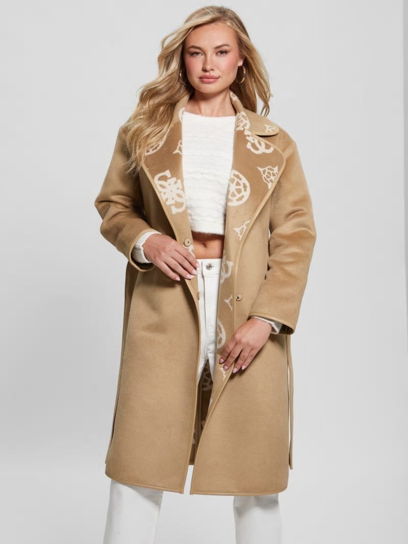 Guess Ludovica Wool-Blend Wrap Coat - Jacquard Logo Beige Combo