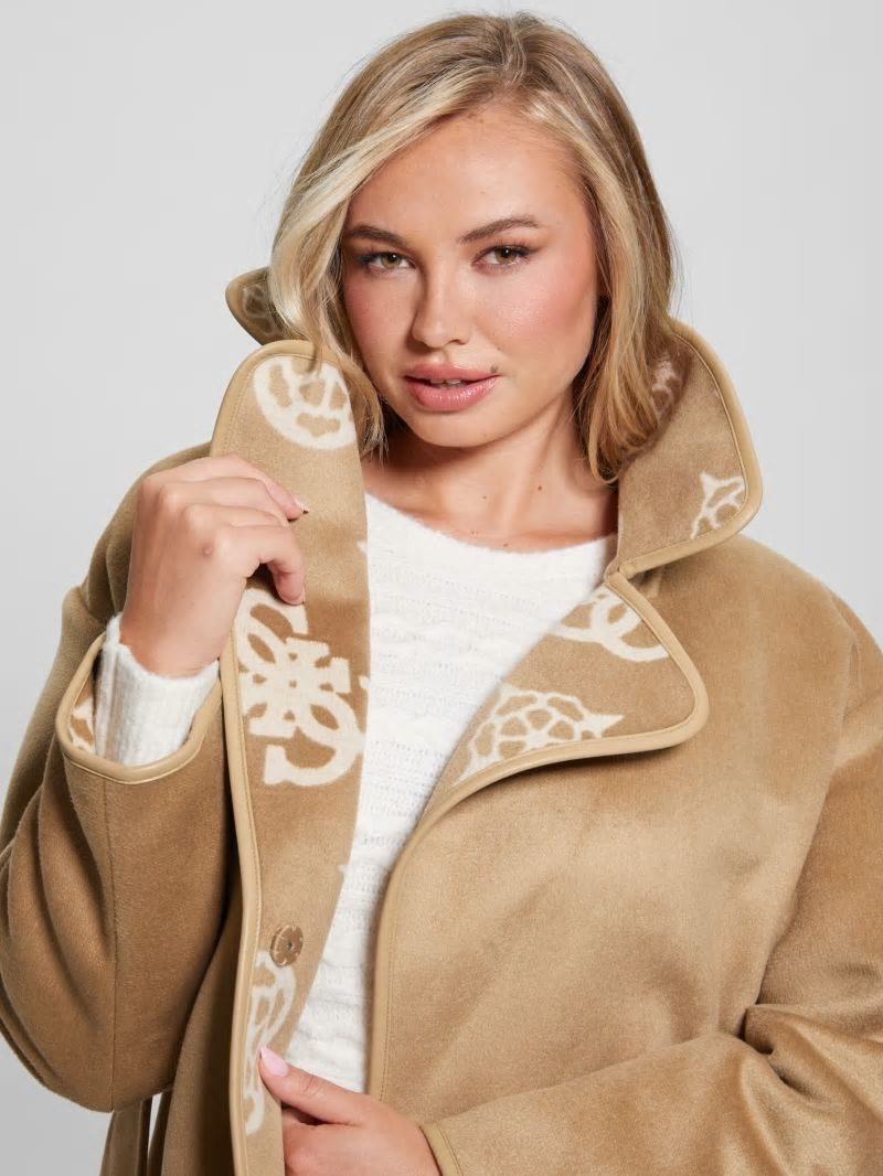 Guess Ludovica Wool-Blend Wrap Coat - Jacquard Logo Beige Combo