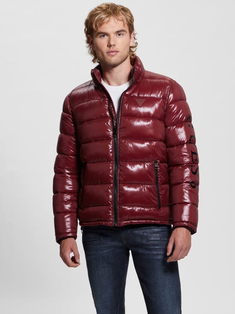 Guess Shiny Hooded Puffer Jacket - Vino