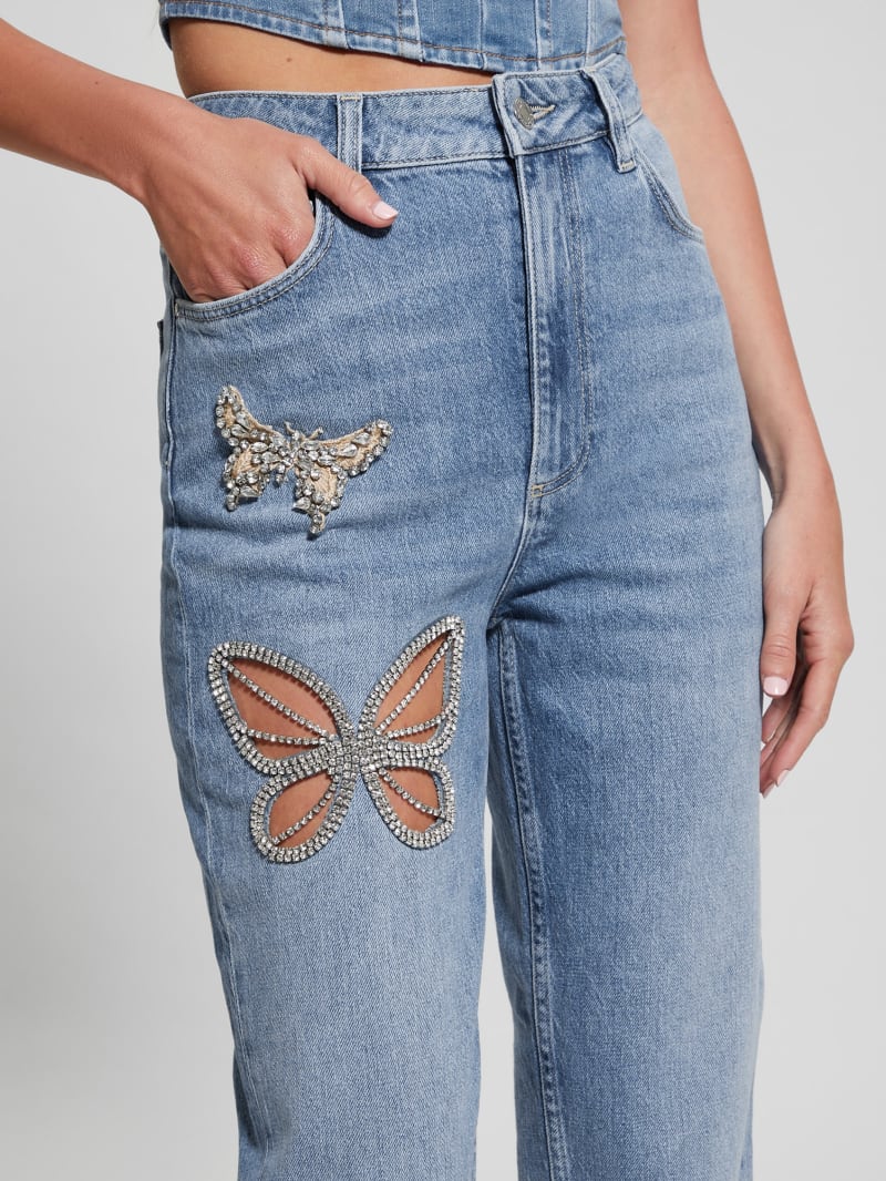 Guess Rhinestone Butterfly High-Rise Mom Jeans - Oneroa