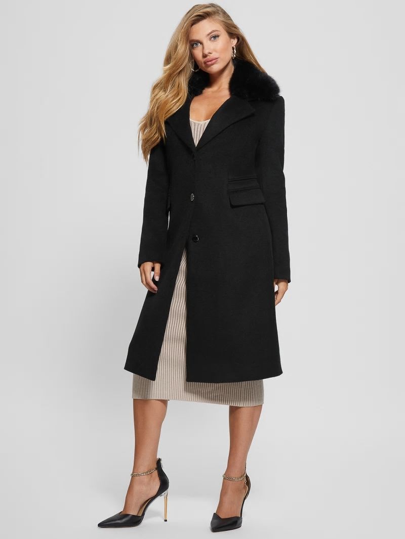 Guess Eco Laurence Faux-Fur Midi Coat - Black