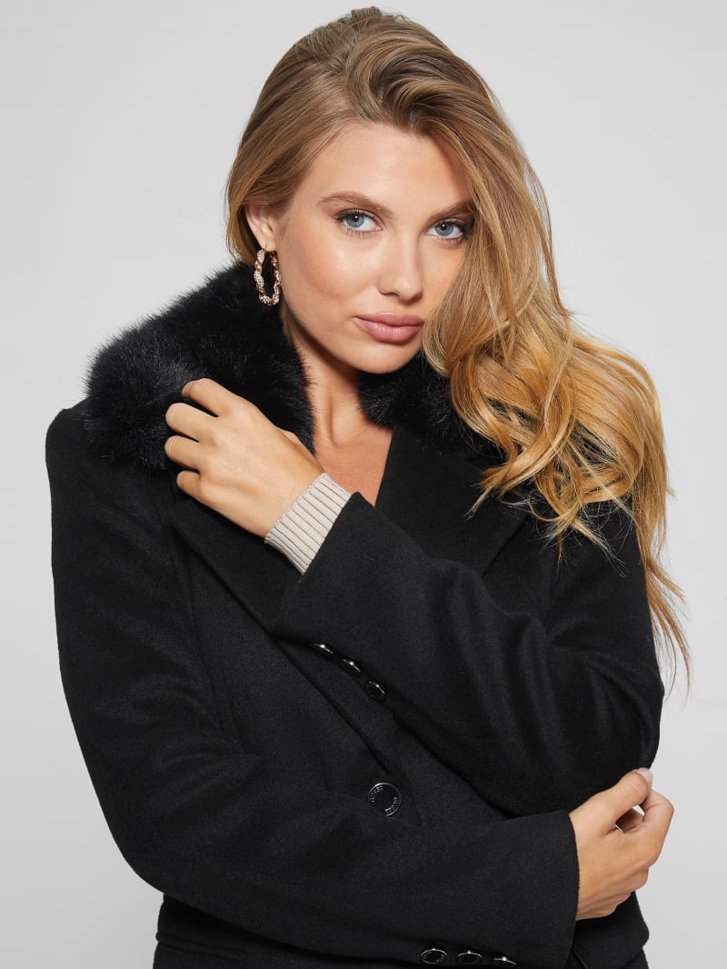 Guess Eco Laurence Faux-Fur Midi Coat - Black