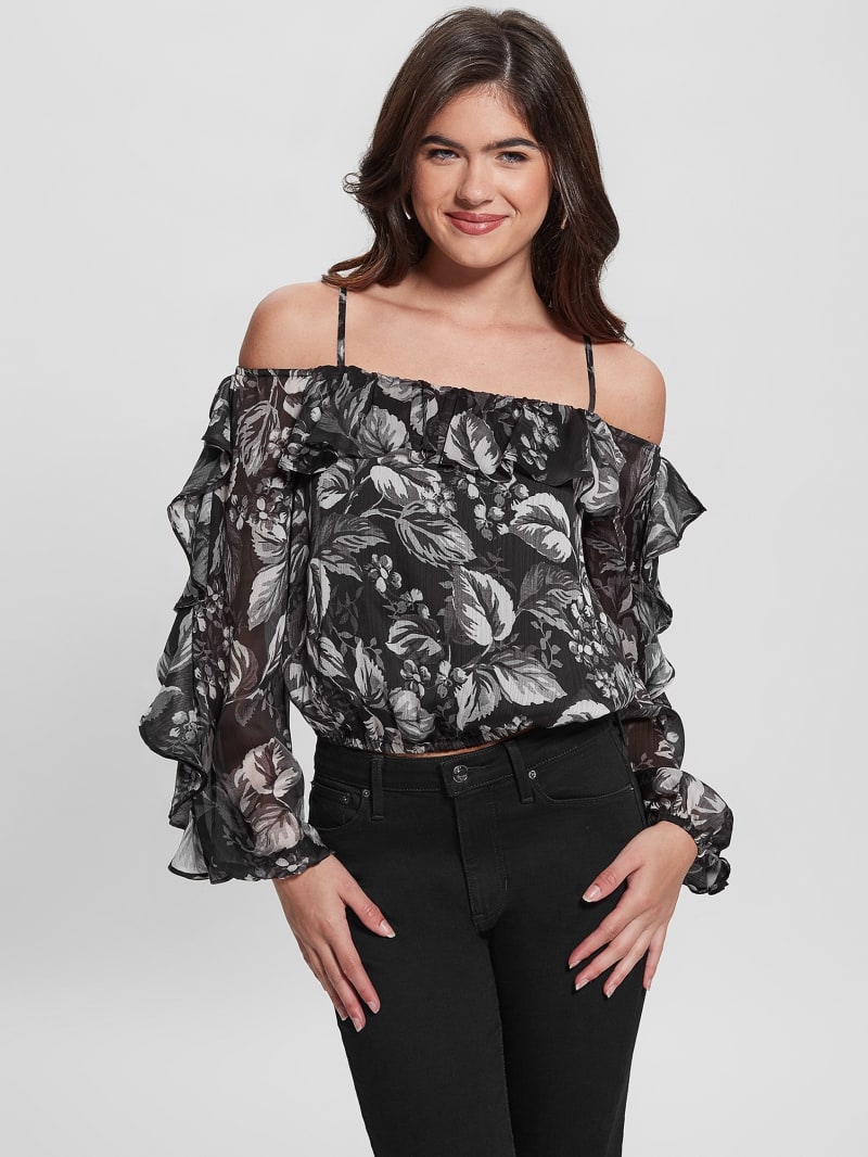 Guess Eco Iggy Floral Ruffle Top - Coachwood Estate Print Bl