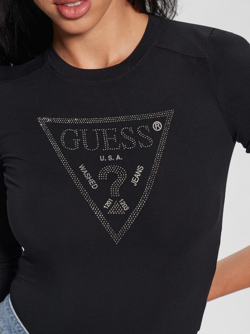 Guess Eco Rhinestone Triangle Long-Sleeve Bodysuit - Black