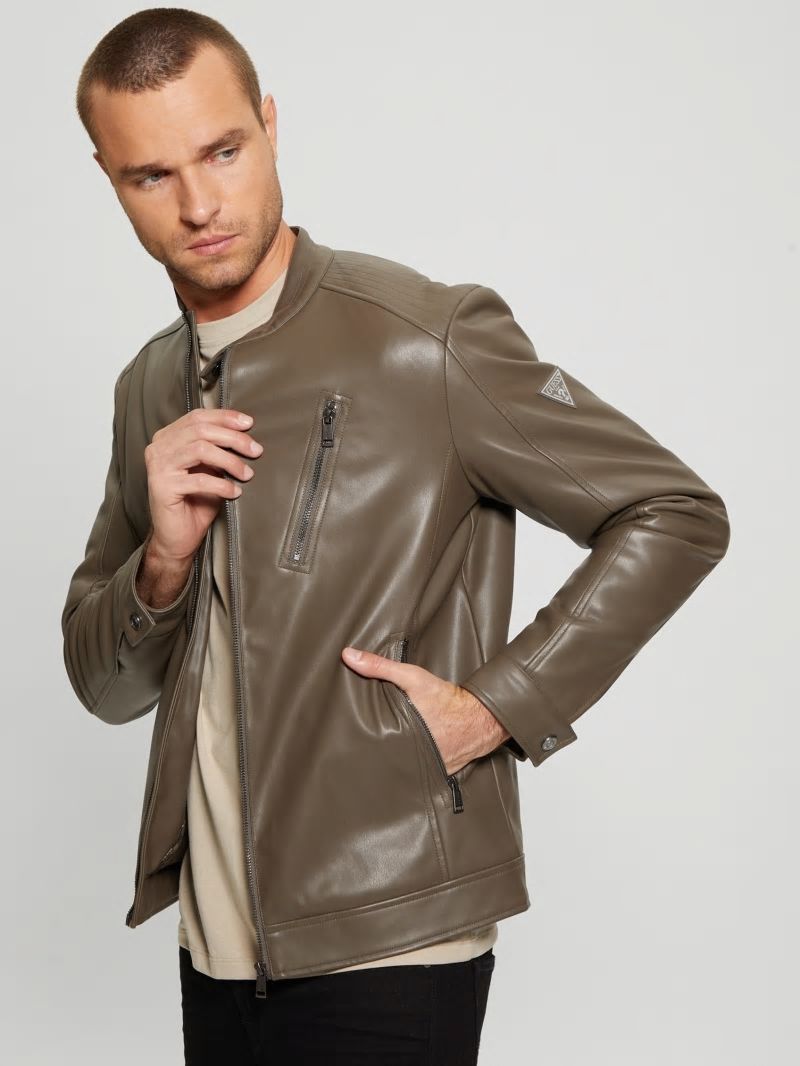 Guess Faux-Leather Biker Jacket - General Brown