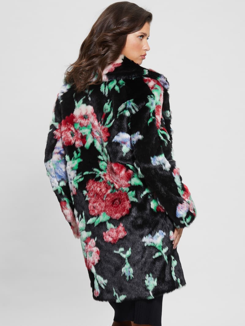 Guess Magda Faux-Fur Coat - Blossom Flower Black