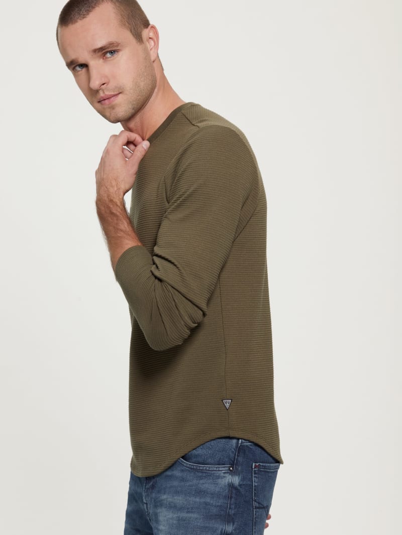 Guess Textured Jersey Long-Sleeve Tee - Army Olive