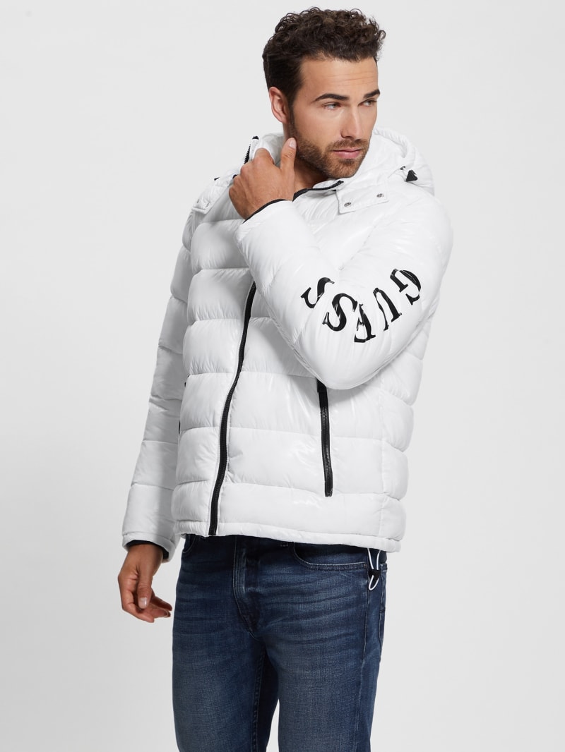 Guess Shiny Hooded Puffer Jacket - Pure White