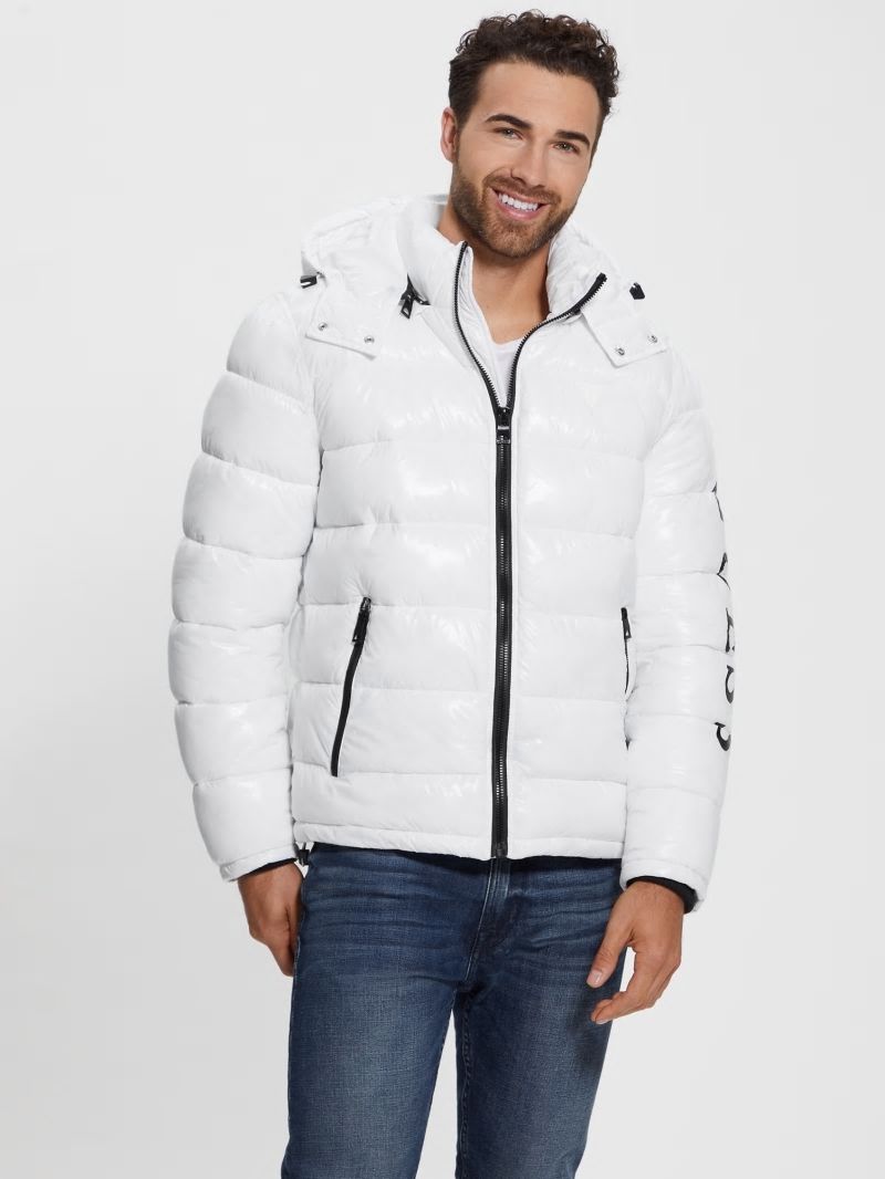 Guess Shiny Hooded Puffer Jacket - Pure White