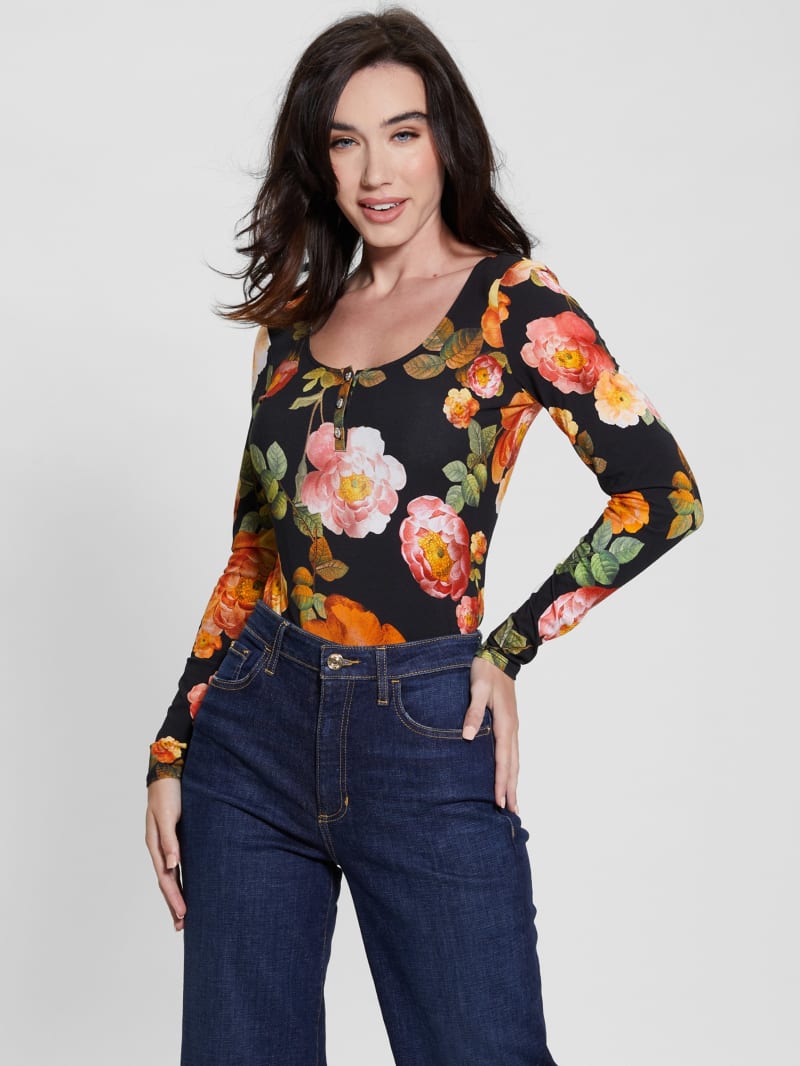 Guess Eco Karla Floral Henley Tee - Peony Charm Print Black