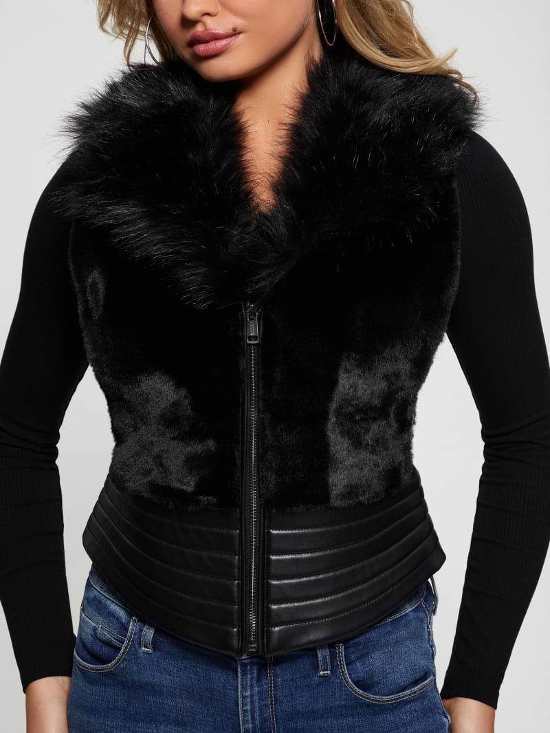 Guess Jodie Faux-Fur Vest - Jet Black Multi