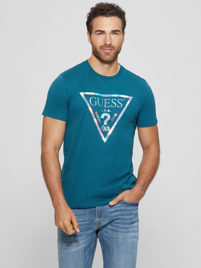 Guess Iridescent Signature Tee - Bold Teal