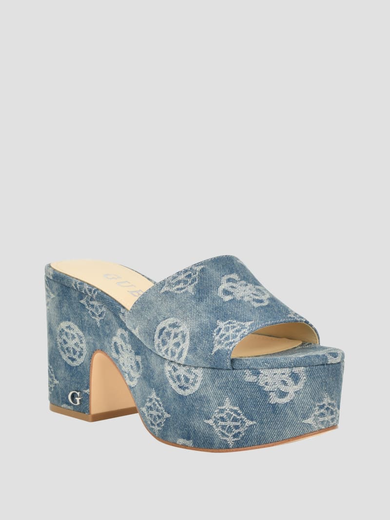 Guess Yapplea Denim Peony G Platform Mules - Blue