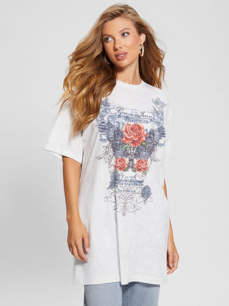 Guess Rose Wings Oversized Graphic Tee - Pure White Multi