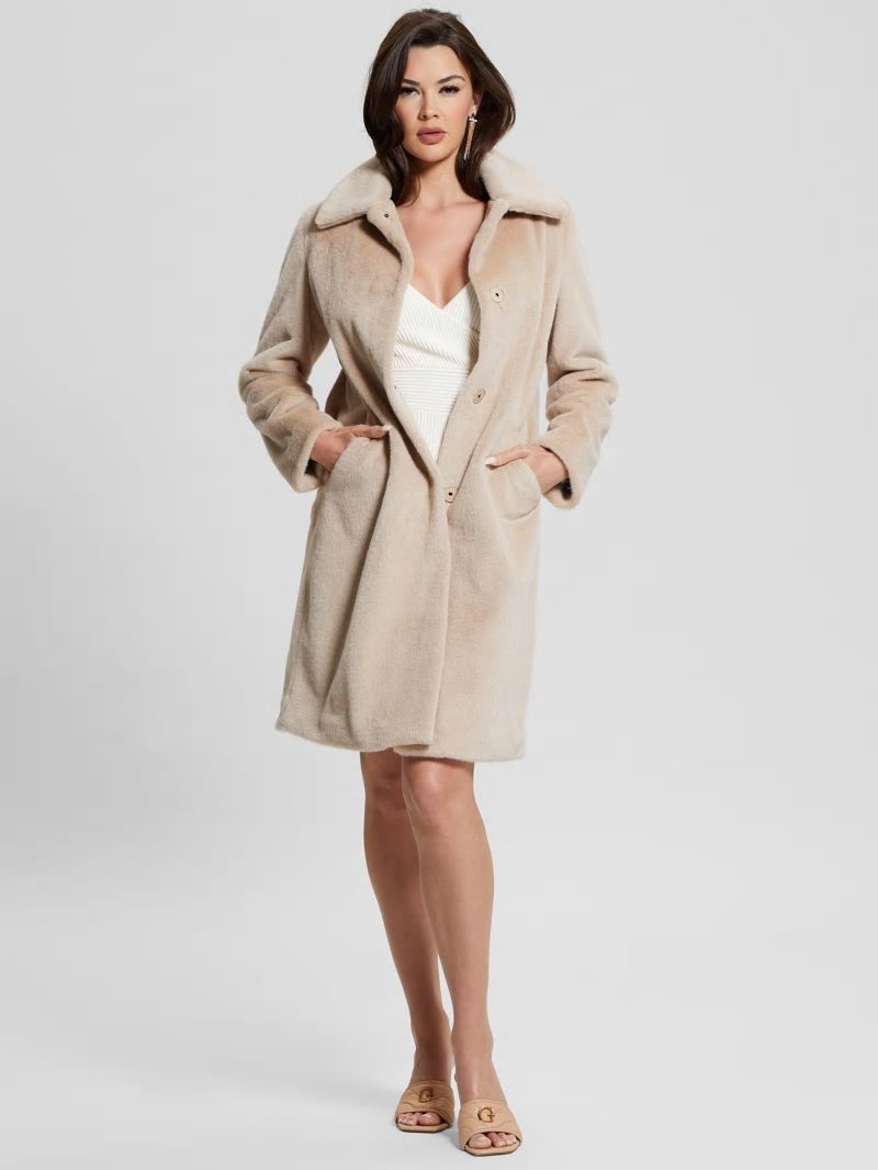 Guess Simmone Faux-Fur Coat - Foamy Taupe Multi