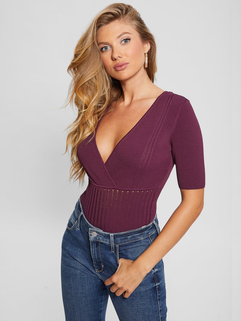 Guess Soft Bandage V-Neck Top - Black Cherry