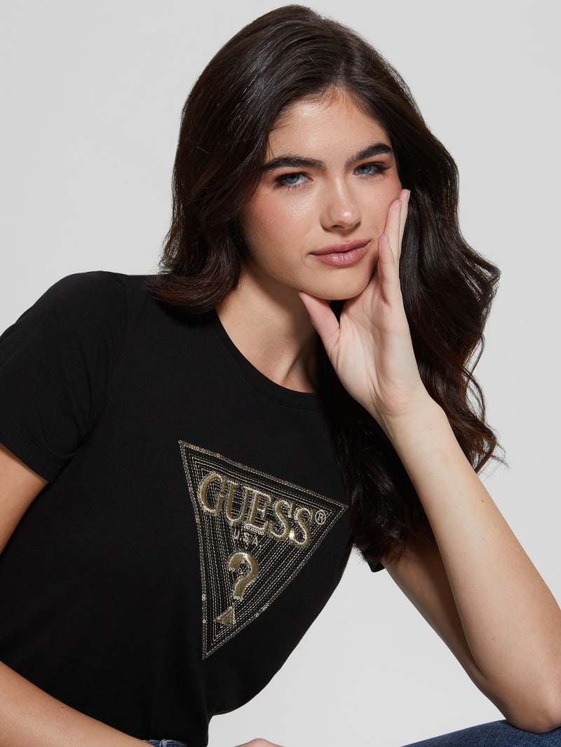 Guess Eco Multi-Tone Sequin Logo Tee - Black