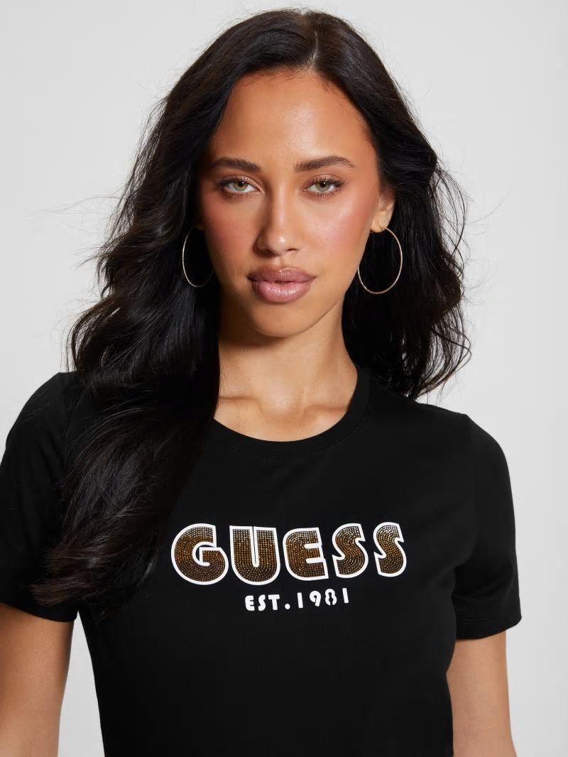 Guess Eco Crewneck Rhinestone Logo Tee - Black