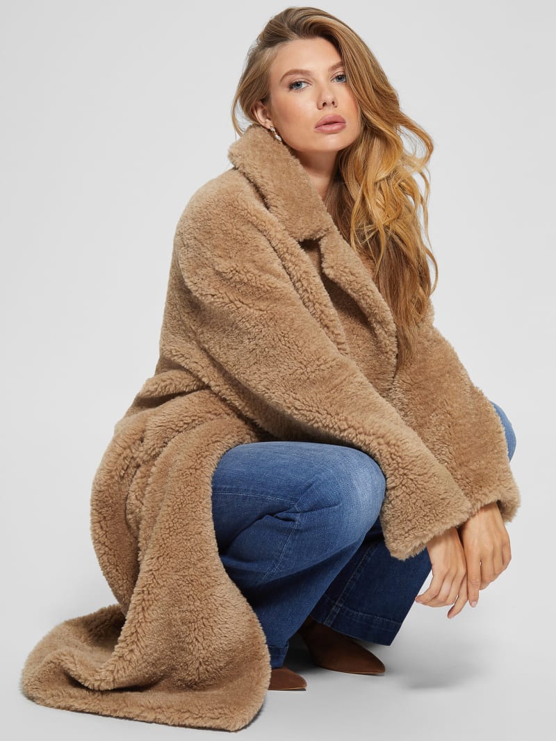 Guess Eco Alina Teddy Longline Coat - Wet Sand