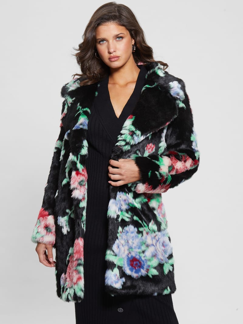 Guess Magda Faux-Fur Coat - Blossom Flower Black