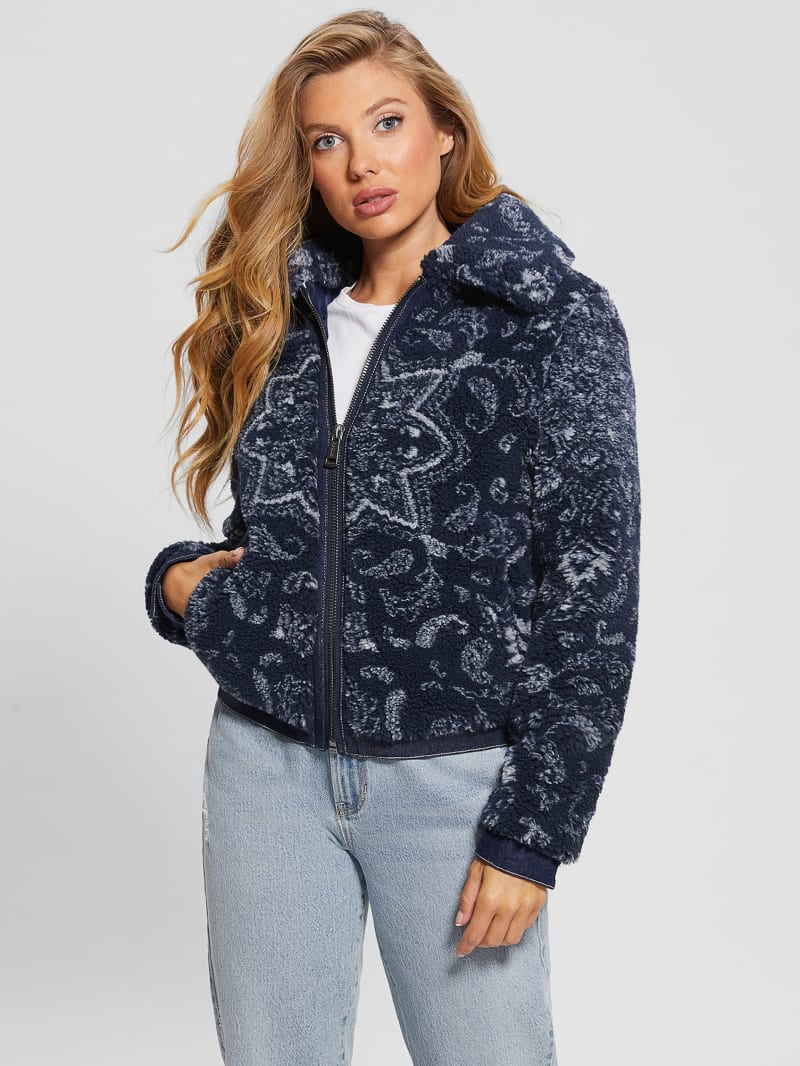 Guess Eco Carmela Printed Sherpa Jacket - Blue Bandana Combo