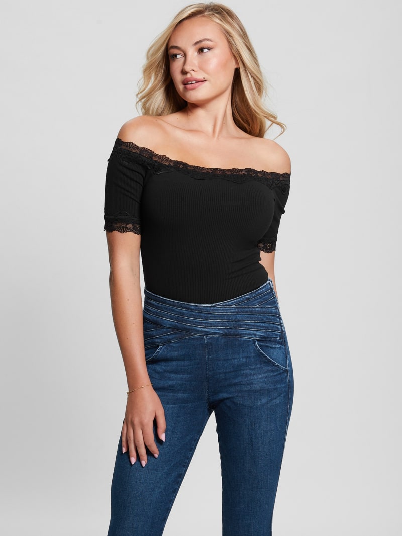 Guess Mei Lace Off-the-Shoulder Top - Black